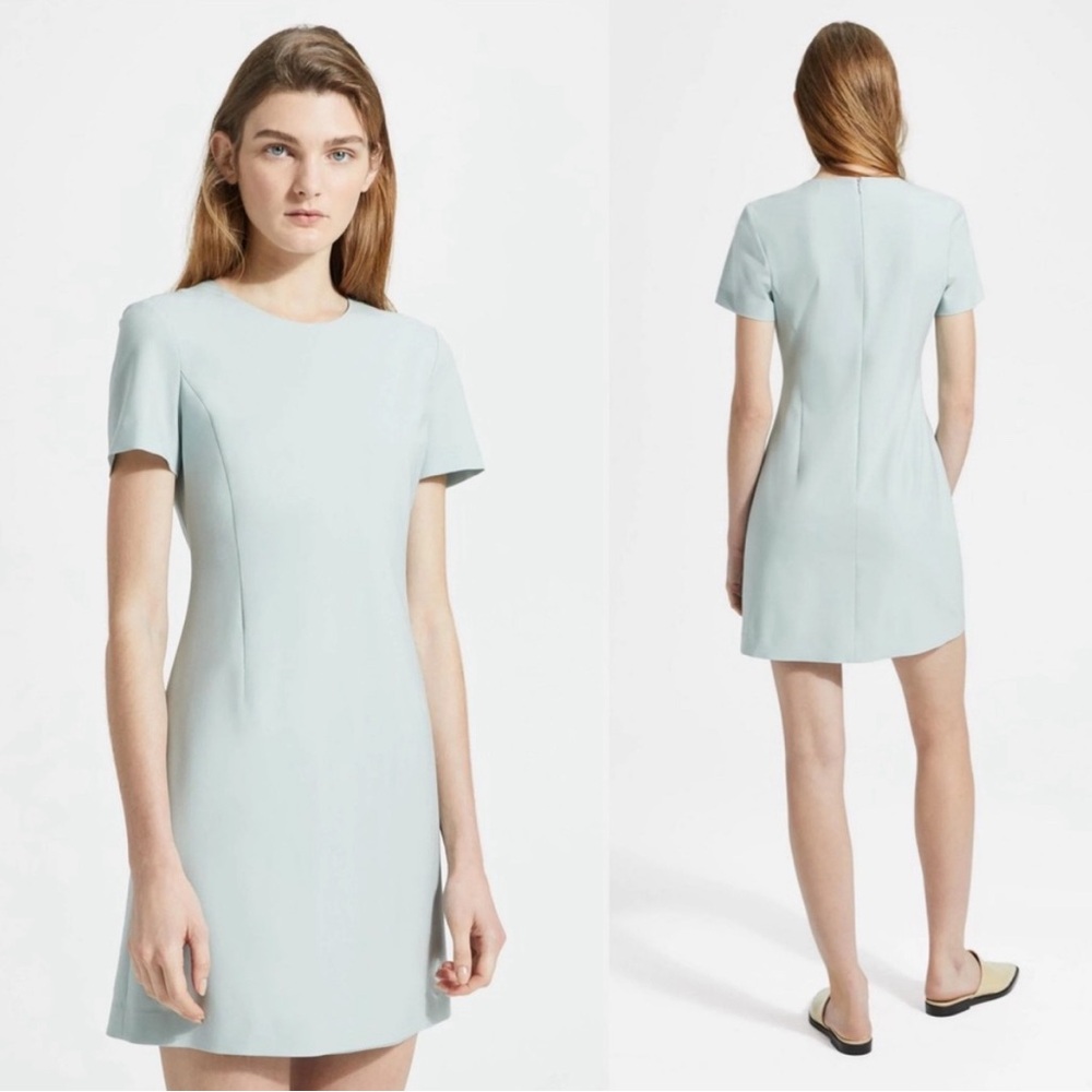 THEORY Jatinn Traceable Wool Suiting Short Sleeve Dress in Opal Green Womens 8